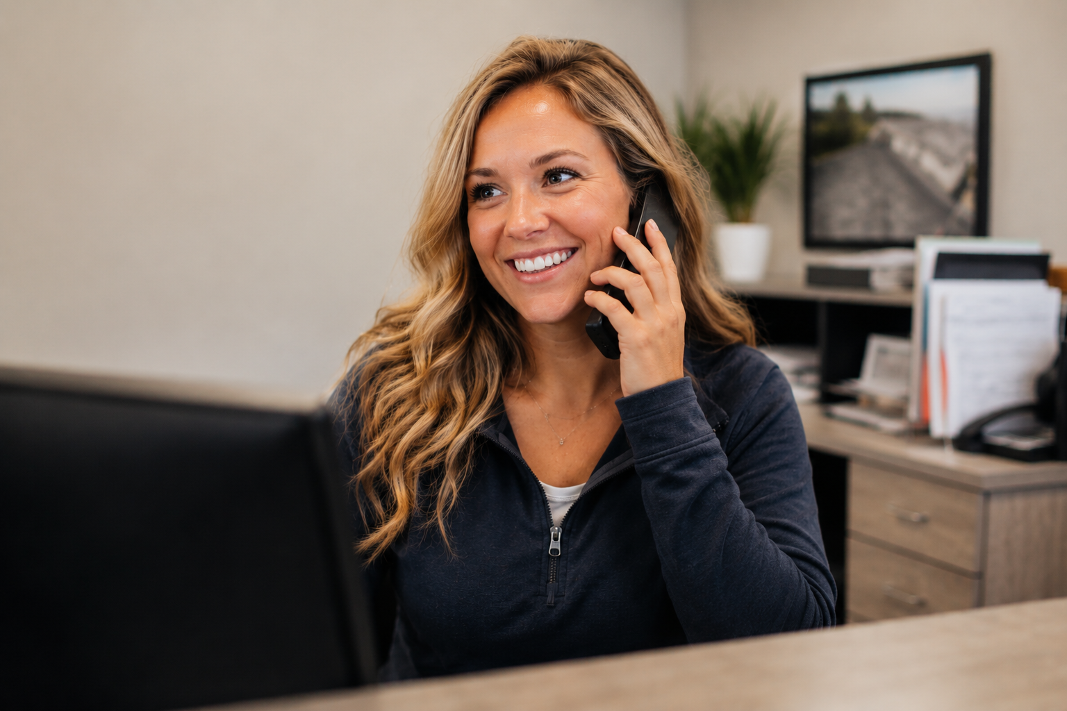Smiling woman talking on a smartphone at a desk beside an open laptop.