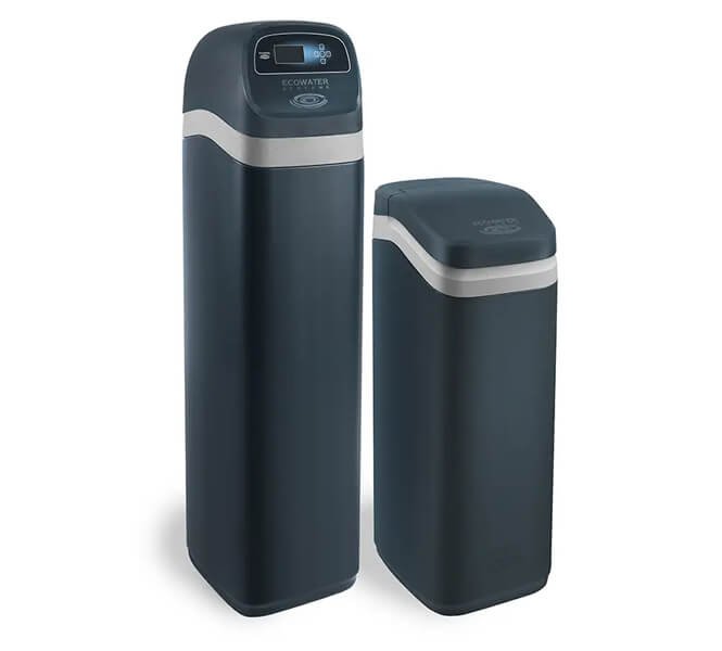 Two Ecowater black cylindrical water softener tanks with silver bands and digital displays.