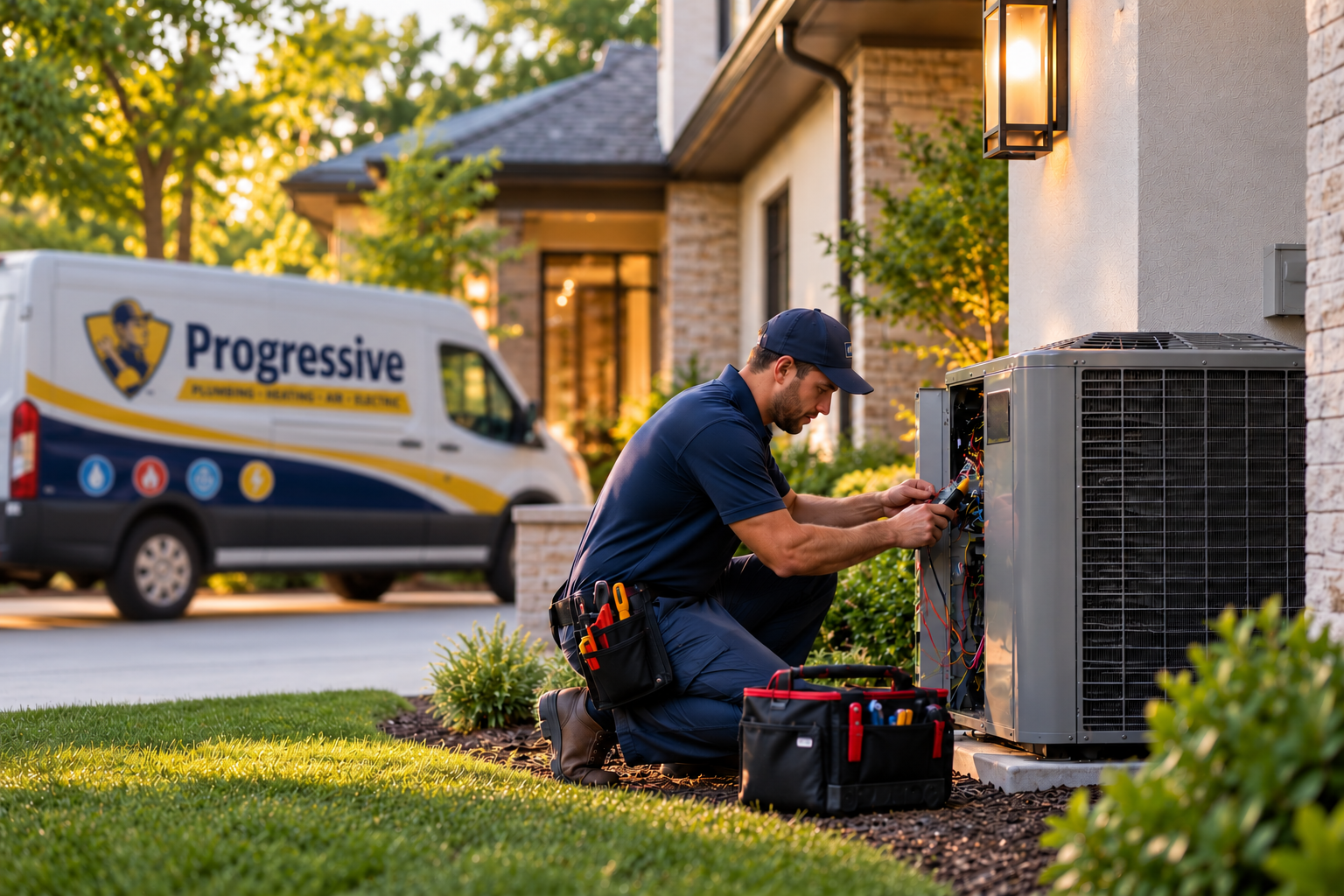 Progressive insurance technician repairs an outdoor air-conditioning unit beside a house.