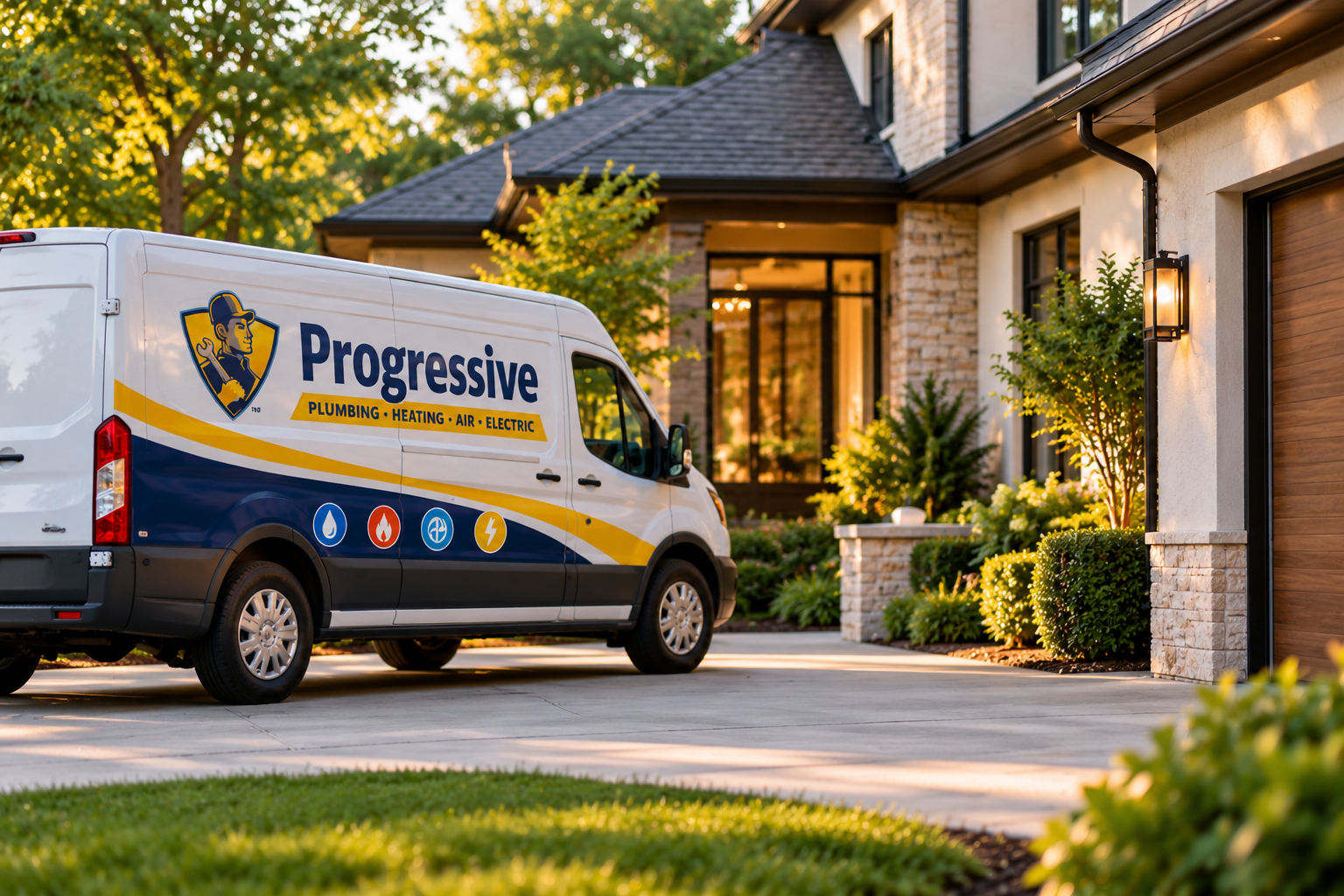 Progressive Plumbing, Heating & Air, Electric van parked in front of a suburban home.