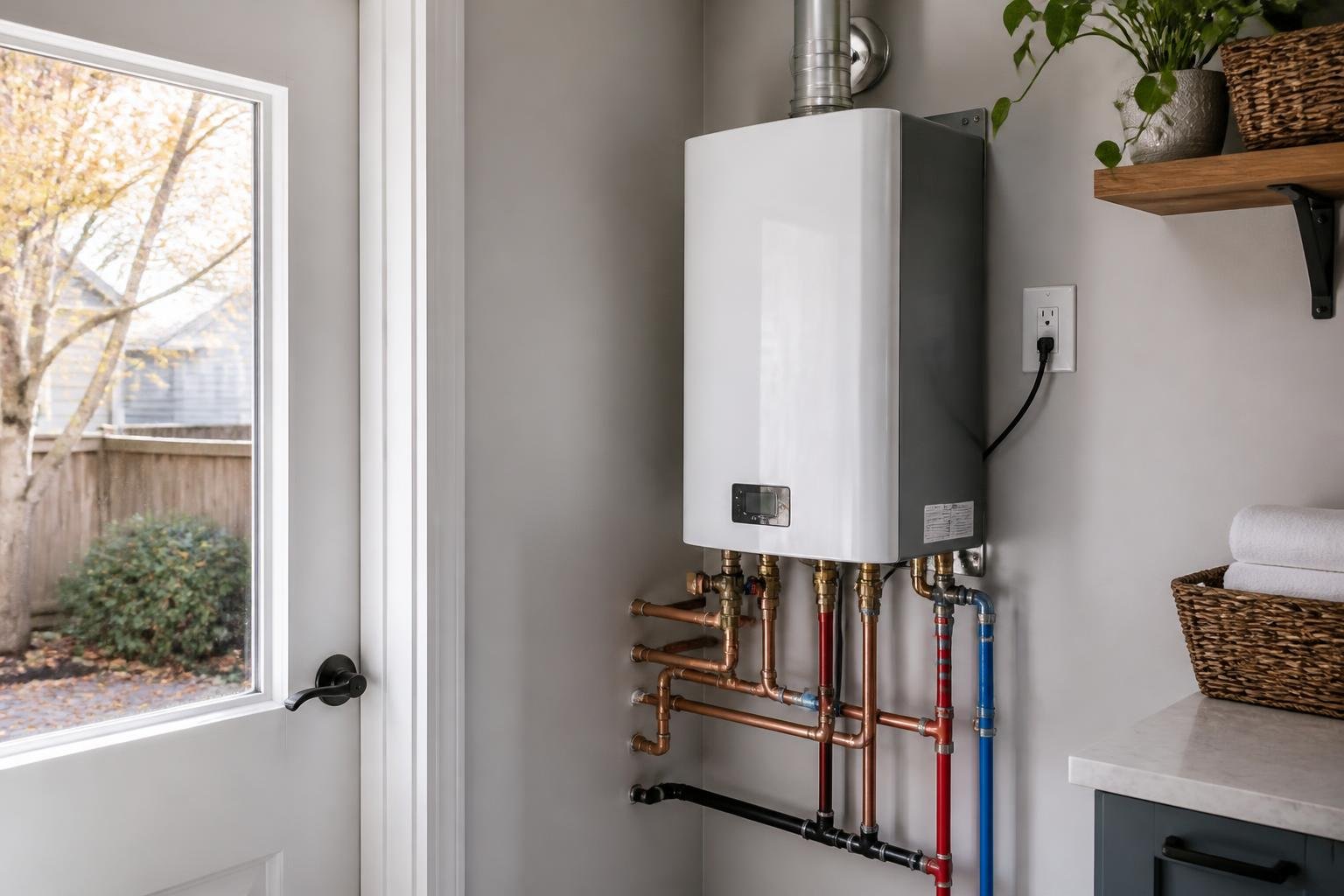 Modern tankless water heater installed neatly on an interior utility-room wall in a Raleigh home