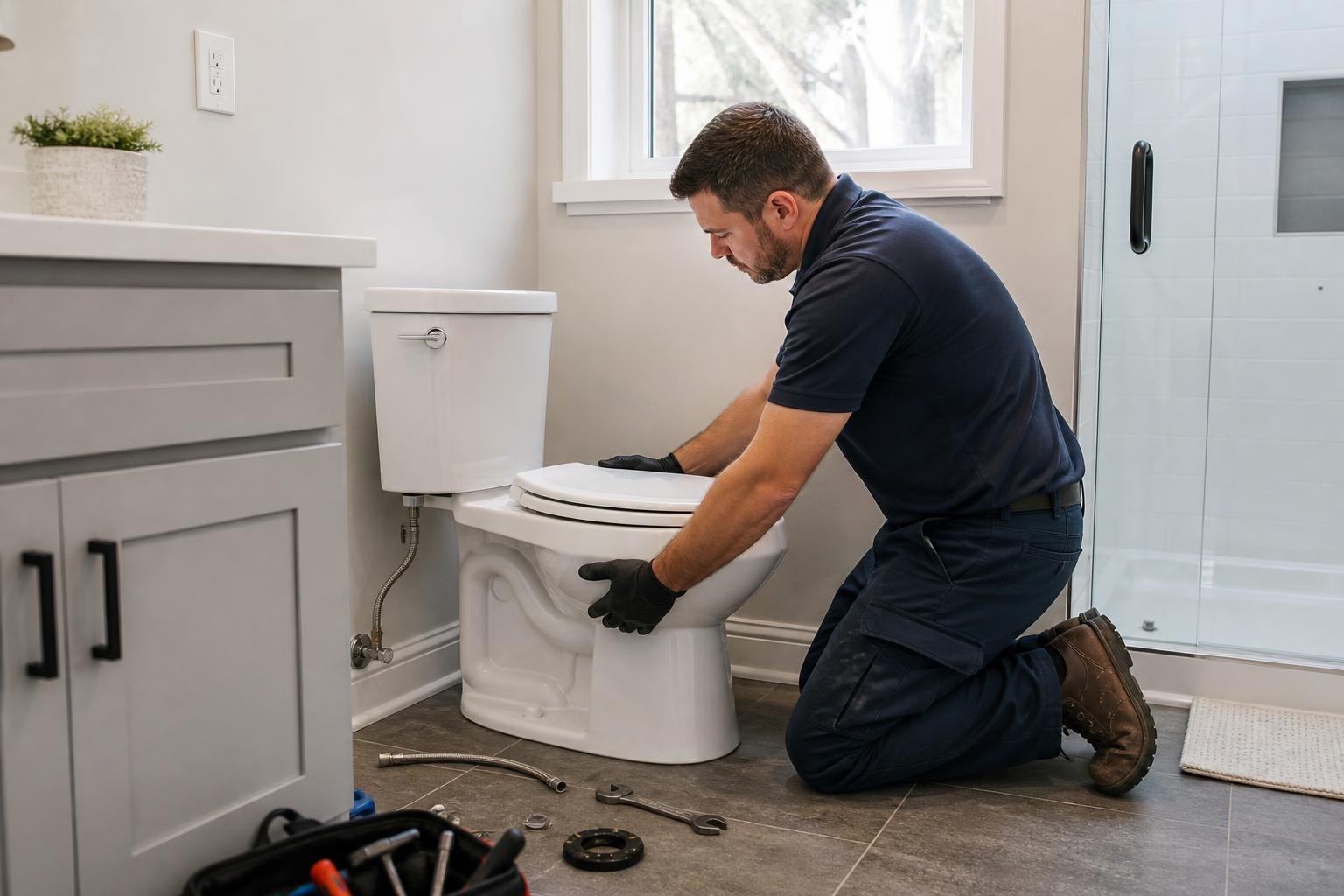 Professional plumber performing a toilet replacement and repair in a Raleigh home bathroom