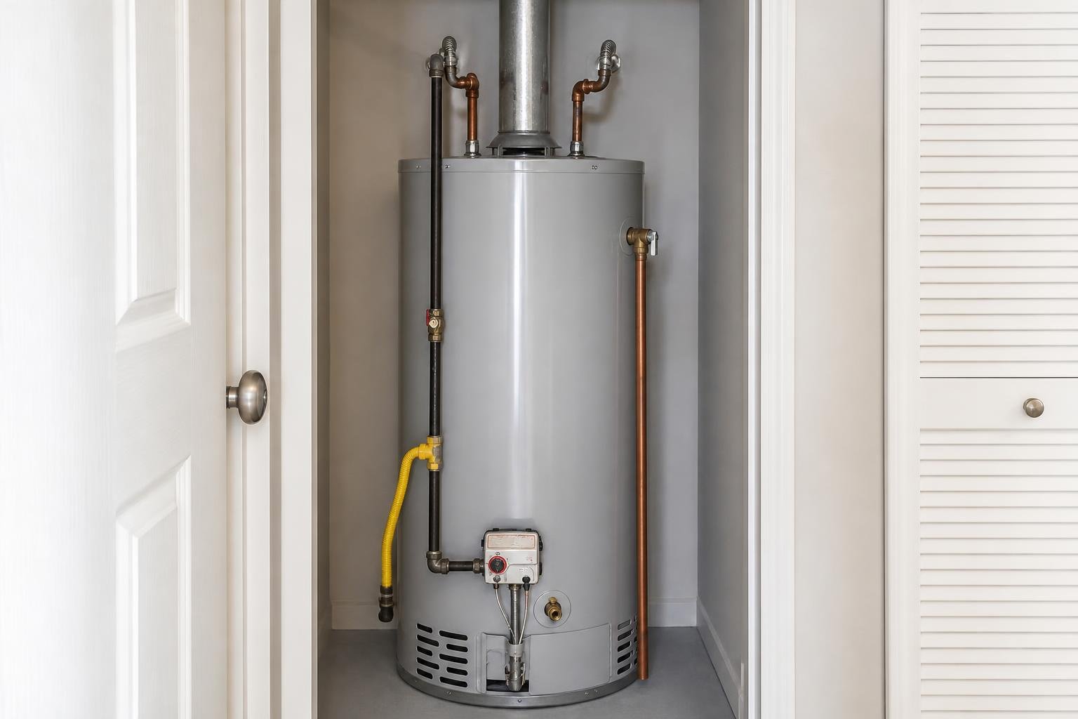Modern residential gas water heater installed in a clean utility closet