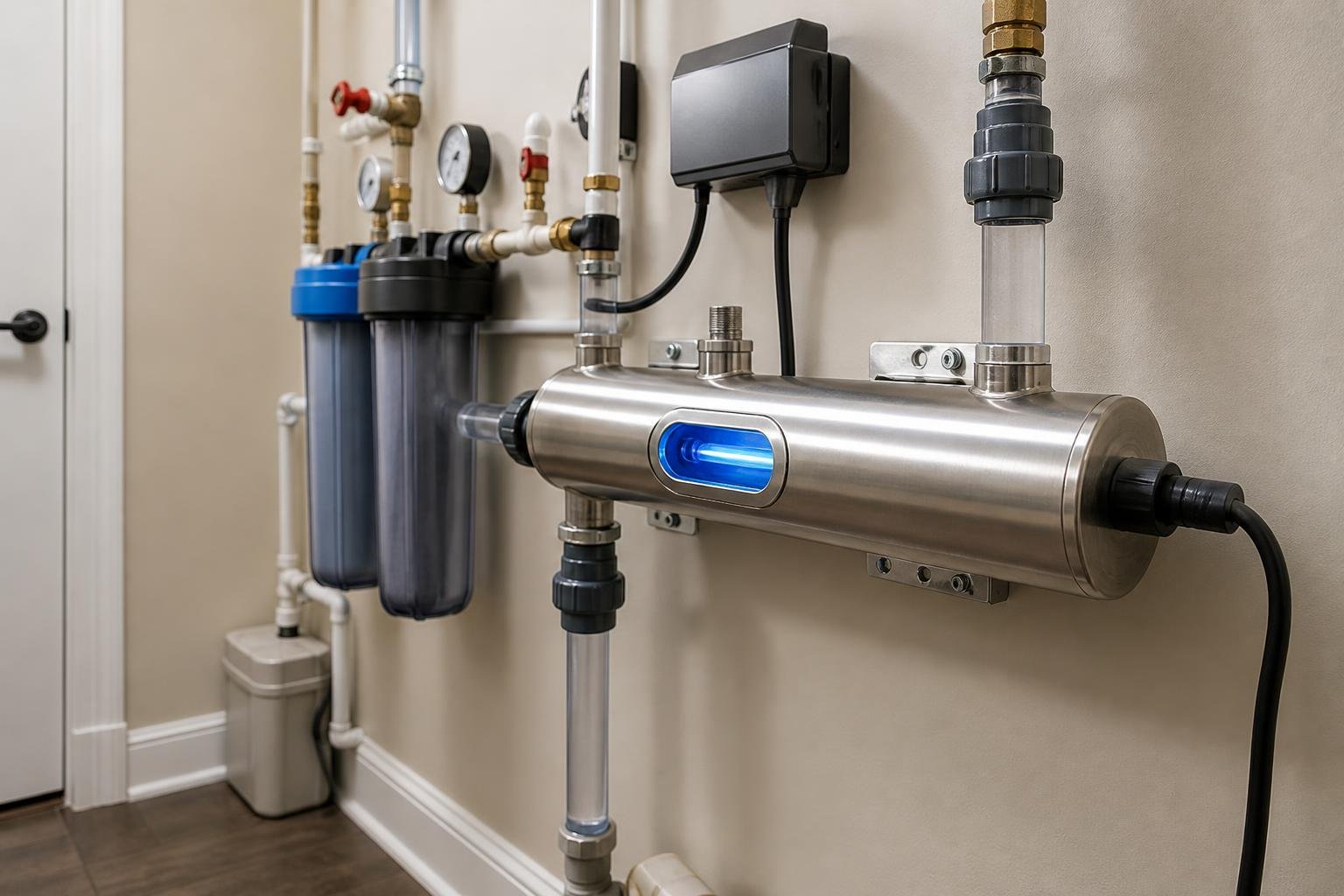 Modern UV water purification system operating in a clean residential utility room