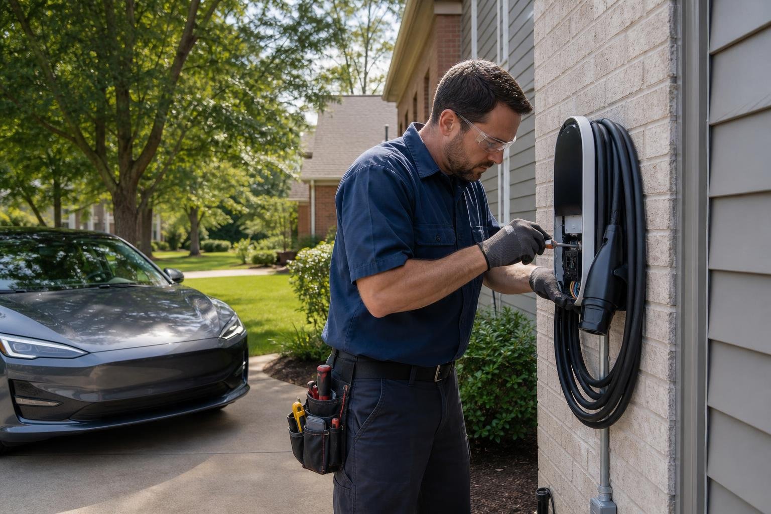 Professional electrician installing a Level 2 home EV charger on the exterior wall of a modern Raleigh home