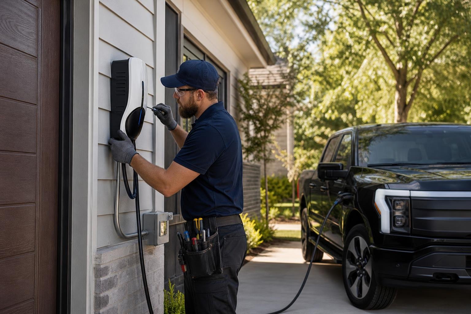 Professional electrician installing a Ford electric vehicle charger on the exterior wall of a modern suburban home in Raleigh