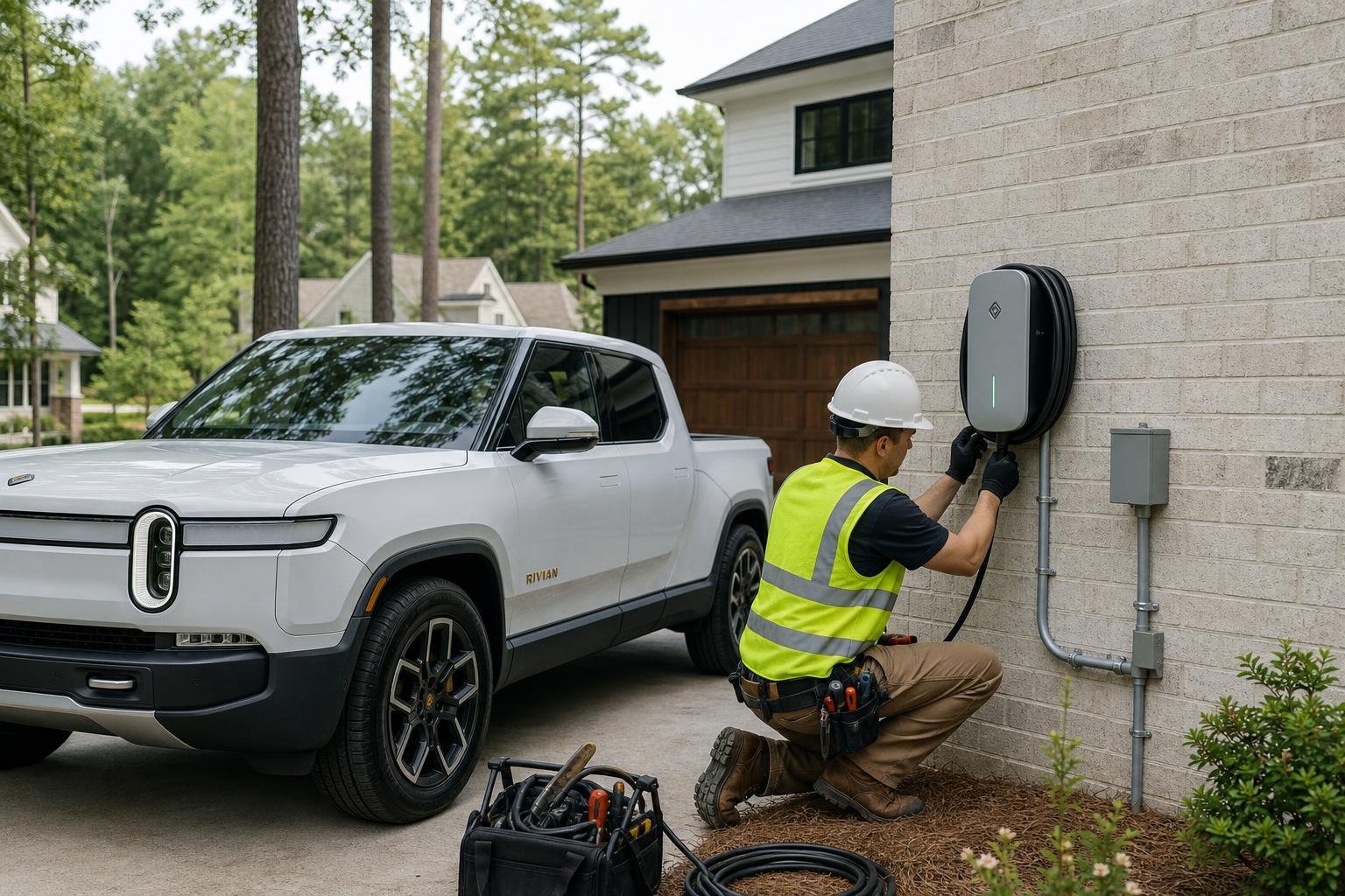 Professional Rivian electric vehicle charger installation at a modern suburban home in Raleigh