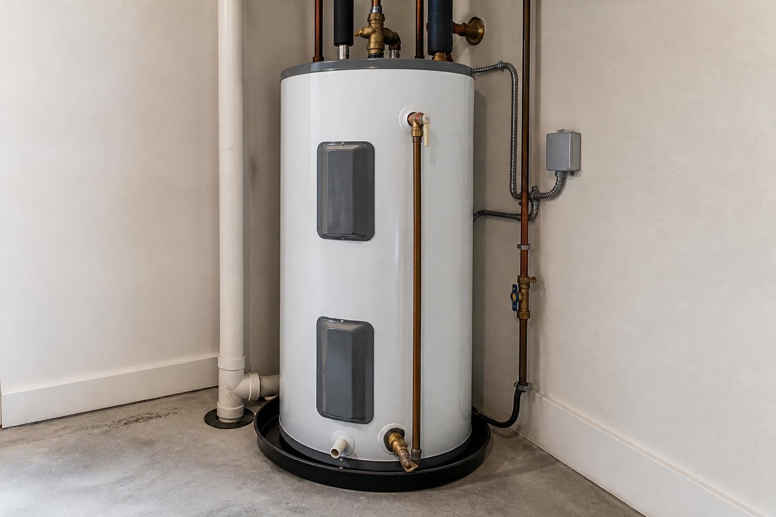 Modern electric water heater installed in a clean residential utility room