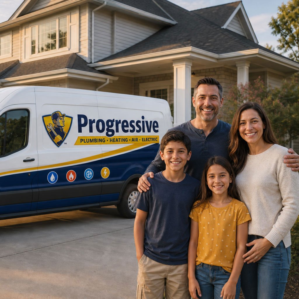 Smiling family posing beside a Progressive insurance van outside a suburban home.