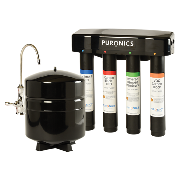 Black water purification system with countertop tank, faucet, and four filter cartridges.