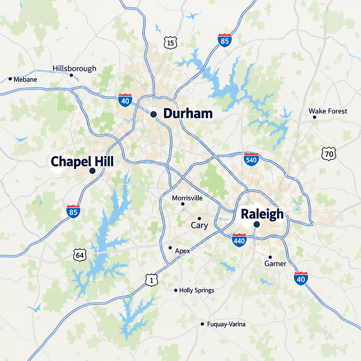 Map graphic showing Durham, Chapel Hill, Raleigh, Cary, and surrounding North Carolina roads and waterways.